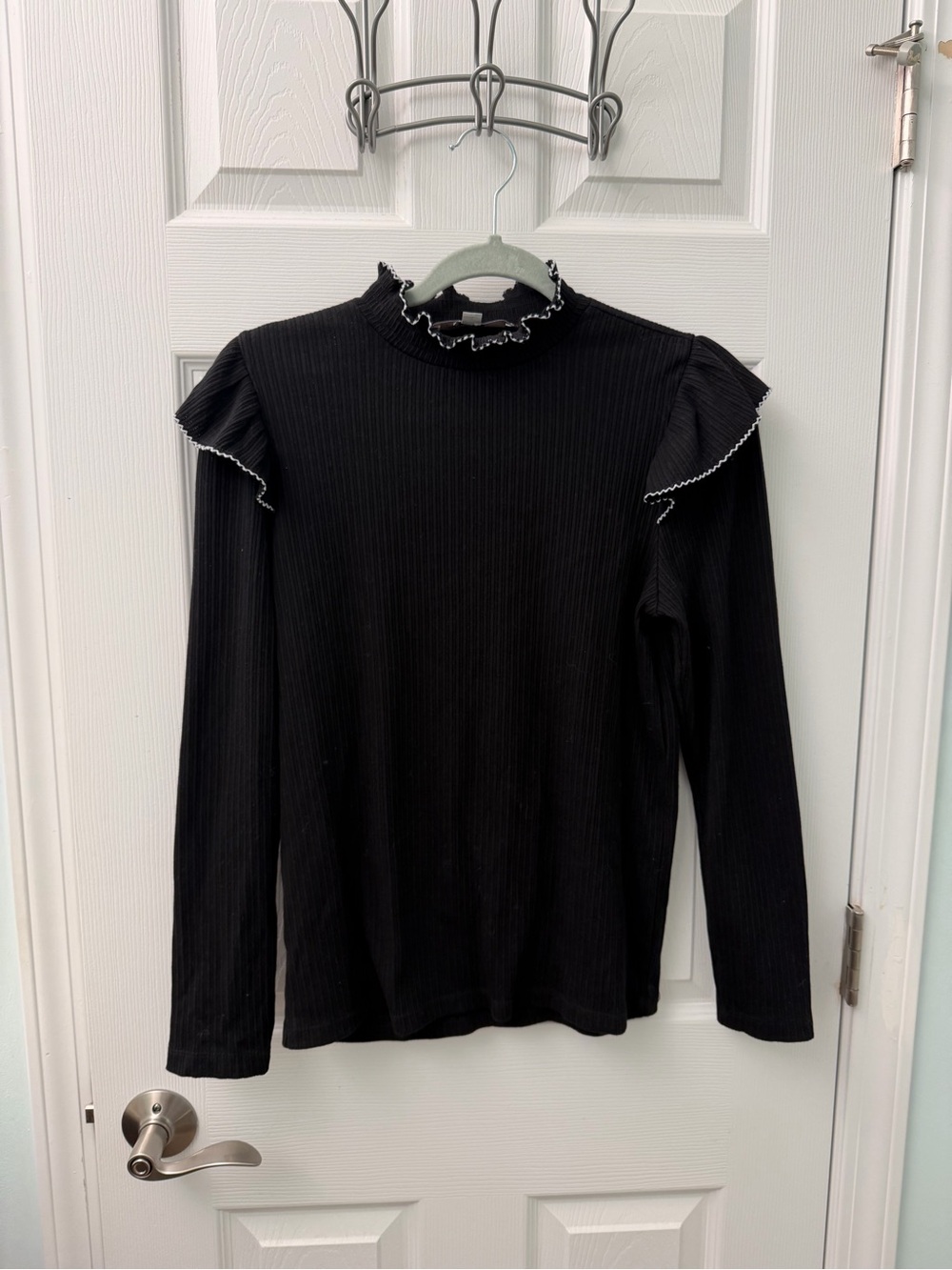 LOFT Black Ruffle-Trim Mock Neck Long Sleeve Top